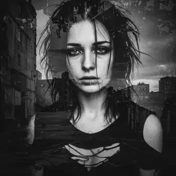 A moody black-and-white profile photo featuring a woman with disheveled hair and a piercing gaze, set against a grunge urban background. Ideal as a forum avatar.