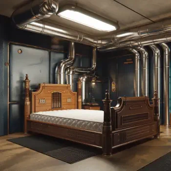A wooden bed with intricate detailing stands in a modern room featuring exposed pipes and industrial decor, serving as a unique forum avatar or profile photo.