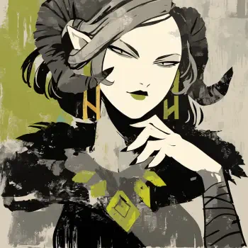 A dark-themed profile photo featuring an enigmatic figure with horns, striking a thoughtful pose, adorned in unique jewelry and a textured outfit that enhances the mysterious vibe.