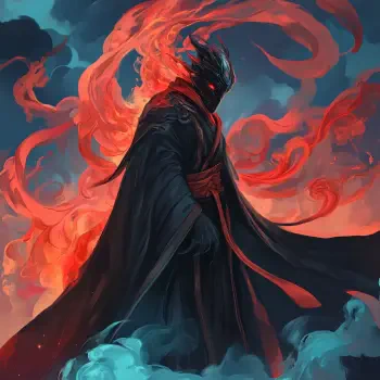 A majestic figure in a dark robe, wearing a fearsome mask, stands against a backdrop of swirling red flames, embodying a powerful monster-like god. Perfect as a forum avatar.