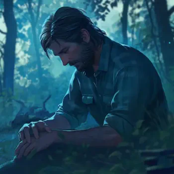 A contemplative profile image of Joel from The Last of Us, set against a moody forest backdrop, capturing a moment of reflection in a video game narrative.