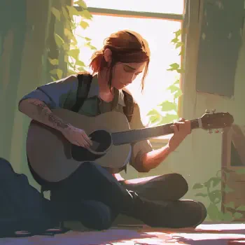 Ellie from The Last of Us sits serenely playing guitar in a sunlit room, surrounded by greenery, capturing her artistic spirit in a video game-inspired profile photo.