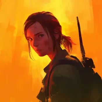 A vibrant illustration of Ellie from The Last of Us, featuring a yellow anime style with her looking back against an orange backdrop, perfect for a forum avatar or profile photo.