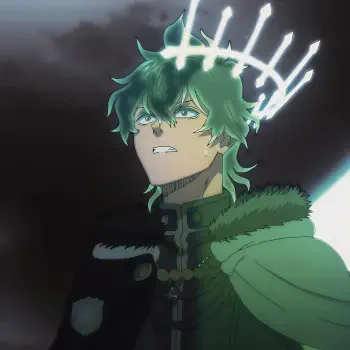An anime-style avatar of Yuno from Black Clover, featuring his green hair and a crown-like silhouette, set against a dramatic dark background.