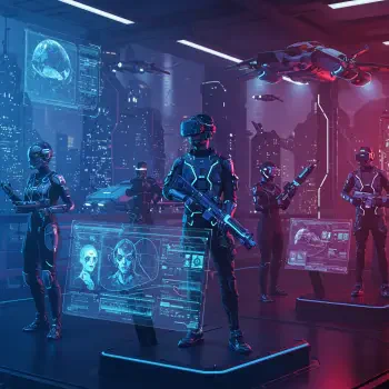 A futuristic gaming avatar featuring a team of armored characters equipped with high-tech gear and holographic displays in a neon-lit, sci-fi environment.