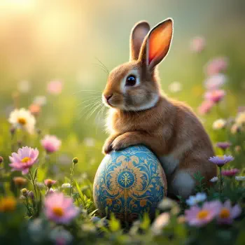 A cute rabbit sitting next to a beautifully decorated Easter egg amidst colorful flowers in a sunlit meadow, perfect for a festive forum avatar.