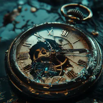 A close-up of a broken vintage watch, showcasing its intricate gears and shattered face against a dark, reflective surface. Perfect for a forum avatar or profile photo.