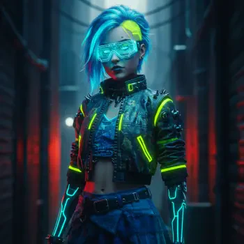 A cyberpunk girl stands confidently in a dimly lit alley, showcasing vibrant blue hair, futuristic glasses, and neon-accented clothing, embodying a bold, tech-inspired persona.