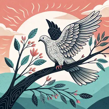 An artistic illustration of a dove perched on a branch, with wings spread wide against a sunlit background, symbolizing peace. Ideal for a forum avatar or profile picture.