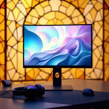 A minimalist gaming setup featuring a sleek monitor displaying colorful abstract art, accompanied by gaming headphones and a mouse, set against a vibrant stained glass backdrop.