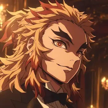 Anime profile picture of Kyojuro Rengoku from Demon Slayer: Kimetsu no Yaiba, showcasing his signature fiery hair and confident expression against a dimly lit background.