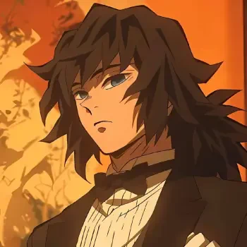Anime profile image of Giyuu Tomioka from Demon Slayer: Kimetsu no Yaiba, featuring him in a stylish tuxedo with a serious expression against a warm, colorful background.