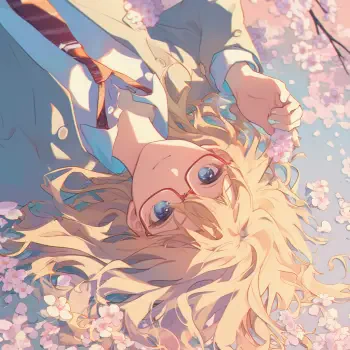 Profile photo featuring Kaori Miyazono from Your Lie in April, depicted with blonde hair and glasses, surrounded by cherry blossom petals, conveying a serene and dreamy atmosphere.