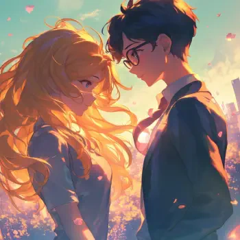 A vibrant scene from the anime Your Lie in April, featuring Kaori Miyazono and Kousei Arima sharing an intimate moment amid blooming flowers and a colorful sunset.