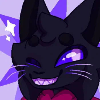 A pixel art avatar featuring a cheerful black anthropomorphic cat character with sparkling purple eyes and a mischievous grin, set against a vibrant purple background.