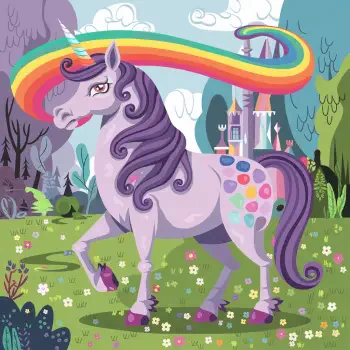 A whimsical fantasy animal avatar featuring a purple unicorn with a vibrant rainbow mane, standing in a colorful meadow with flowers and a fairytale castle in the background.