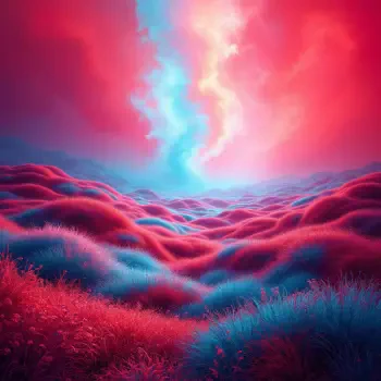 A vibrant, dreamlike landscape filled with rolling hills of deep pink and blue grasses, illuminated by swirling clouds of light, perfect for a forum avatar.