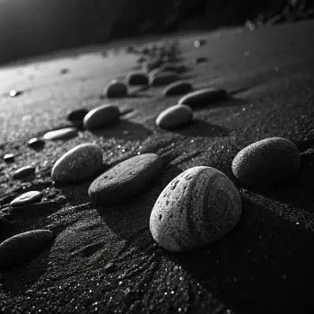 A close-up view of smooth pebbles scattered on the sand, captured in black and white, suitable for use as a forum avatar or profile photo.
