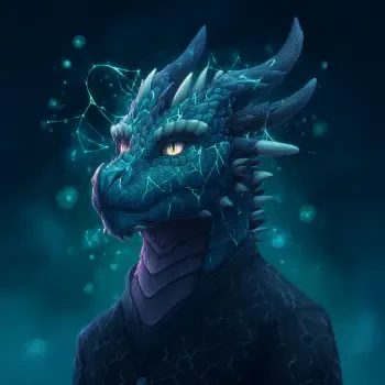 A striking dragon character with shimmering scales and glowing eyes, set against a mystical blue background, perfect for a fantasy-themed forum avatar or profile picture.