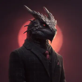 A fantasy-themed profile picture featuring a dragon in a formal suit. The dragon has intricate scales and piercing eyes, set against a glowing circular backdrop.
