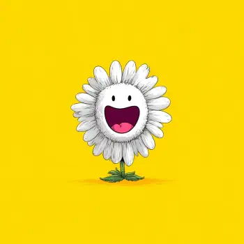 A cheerful cartoon flower with a wide smile stands against a bright yellow background, radiating happiness and positivity.