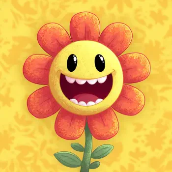 A cheerful and smiling cartoon flower with a bright yellow face, surrounded by orange petals, set against a vibrant yellow background, making for a joyful profile photo.