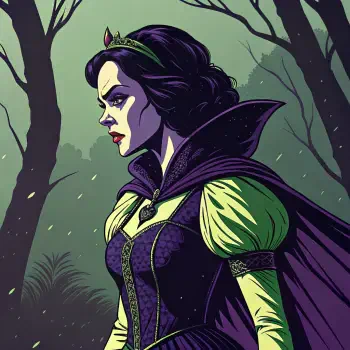 Profile image of Snow White, depicted in a striking illustration with a dark forest backdrop, highlighting her regal attire and pensive expression.