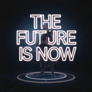 Minimalist comic-style avatar featuring a figure in a dark background, surrounded by glowing text that reads, THE FUTURE IS NOW. Suitable for a forum profile picture.