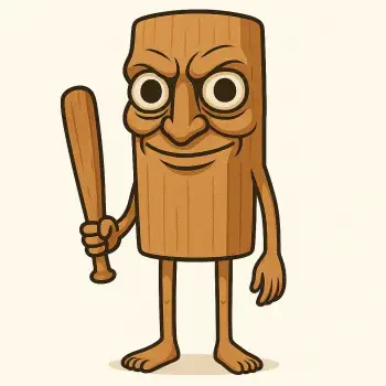 A quirky, cartoon wooden figure with exaggerated facial features and a baseball bat, serving as an avatar for the Italian Brainrot and Tung Tung Tung Sahur online community.