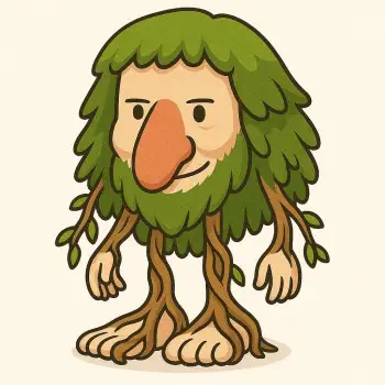A whimsical character with a bushy green hairstyle, a pointed nose, and limbs resembling tree roots, representing the Italian Brainrot and Brr Brr Patapim themes.