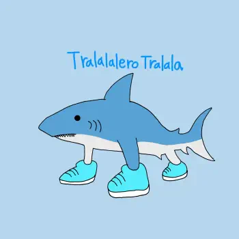 A cartoon shark wearing blue sneakers stands against a light blue background. The text Tralalalero Tralala is featured above, embodying the playful spirit of the Italian Brainrot theme.