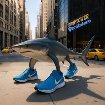 A whimsical profile picture featuring a shark in blue Nike shoes standing on a city street, with the Trump Tower and Stralalero sign in the background. Tagged with Italian Brainrot.