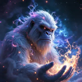 A mystical yeti depicted as a forum avatar, surrounded by swirling cosmic energy and holding a glowing orb of light, exuding a sense of power and intrigue.