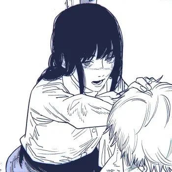 Manga-inspired avatar featuring Yoru from Chainsaw Man, portrayed with an engaging expression, interacting intimately with another character in a detailed black and white style.