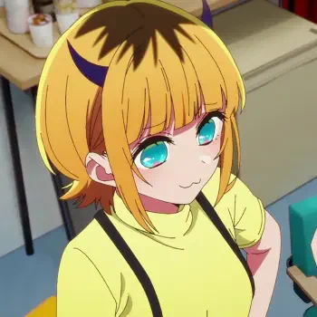 Anime profile picture featuring a cheerful girl with short, blond hair and playful horns, wearing a yellow shirt and exuding a vibrant, lively energy.