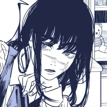 A monochrome manga-style profile photo featuring Yoru from Chainsaw Man, depicting her with a thoughtful expression and layered hair, set against a subtle background.
