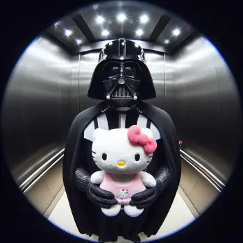 A playful mashup of Darth Vader holding a Hello Kitty plush toy, set in an elevator, combining elements of Star Wars and whimsical cuteness for a unique online avatar.