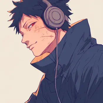 Anime avatar featuring Obito Uchiha from Naruto, depicted wearing headphones and a dark jacket, showcasing a confident expression against a soft background.