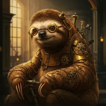 A sloth in steampunk attire, complete with goggles and intricate gear details, sitting in a warmly lit environment, serves as a unique forum avatar.