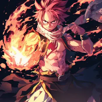 A dynamic profile photo of Natsu Dragneel from the anime Fairy Tail, surrounded by flames, showcasing his fierce expression and fiery powers.
