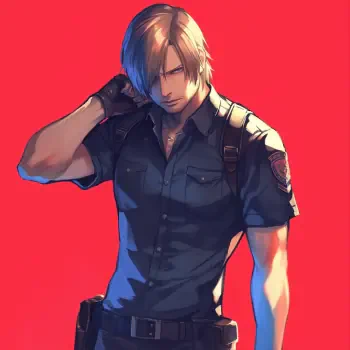 Profile photo featuring Leon S. Kennedy from Resident Evil, depicted in a blue police uniform against a bold red background. His serious expression adds intensity to the character's persona.