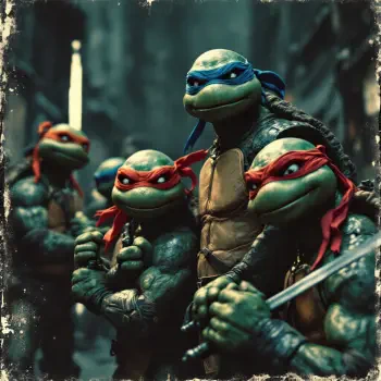 A group of Teenage Mutant Ninja Turtles stands confidently together in a gritty urban setting, showcasing their unique colors and personalities in a striking profile photo.