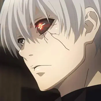 Profile image of Ken Kaneki from Tokyo Ghoul, featuring his distinct white hair and red eye, conveying a moody and intense expression. Perfect for an anime-themed avatar.