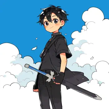 A colorful anime-style avatar featuring Kirito from Sword Art Online, standing confidently with a sword against a bright blue sky and fluffy clouds.