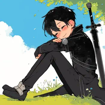 Anime-style avatar featuring Kirito from Sword Art Online, sitting peacefully with a sword beside him, against a backdrop of blue skies and green grass.