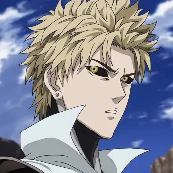 Profile photo of Genos from One-Punch Man, showcasing his determined expression and distinctive blonde, spiky hair against a vivid sky backdrop.