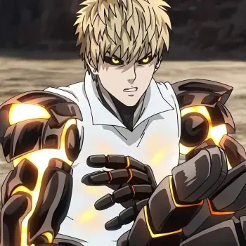 Anime character Genos from One-Punch Man with striking golden eyes and robotic armor, depicted in a dynamic pose, perfect for a forum avatar.
