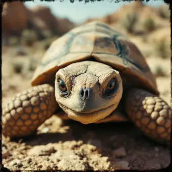 A close-up of a tortoise smiling in a desert landscape, capturing its detailed shell and expressive eyes, set against a warm, earthy backdrop. Ideal for a forum avatar.