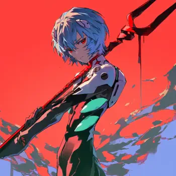 A striking avatar featuring Rei Ayanami from Neon Genesis Evangelion, showcasing her intense expression and iconic pose with a weapon against a vivid red and blue background.