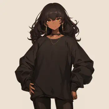 A stylish black anime girl with long, flowing hair wearing a black oversized sweater and accessories, designed as a forum avatar or profile photo.
